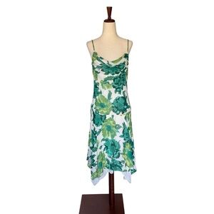 Eva Blue Floral Green Slip Dress Beaded Cowl Neck Vintage Y2K 2000s Small Medium